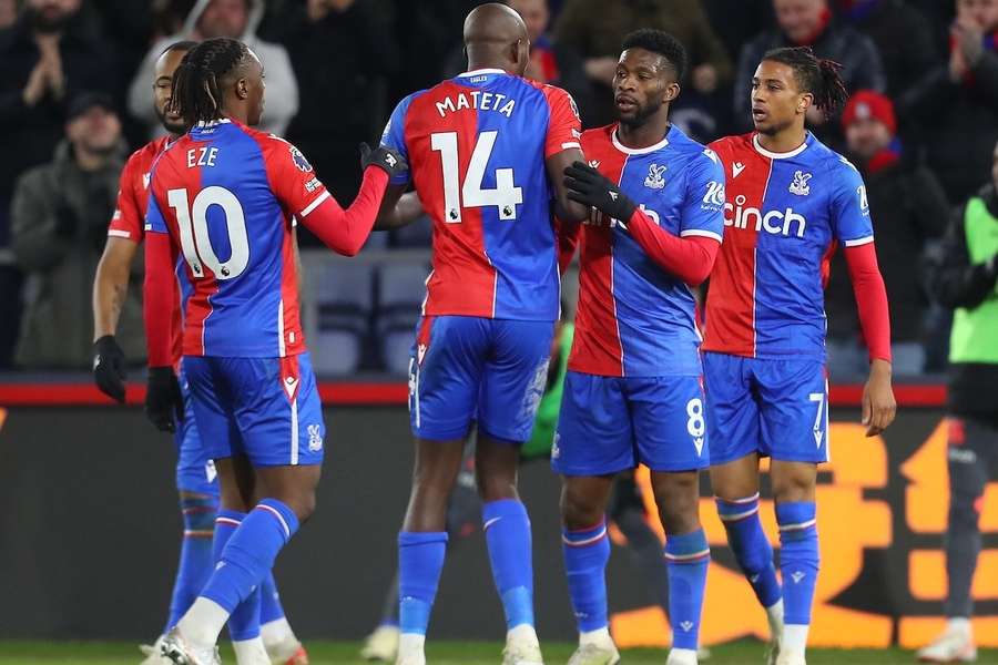 Ismaila Sarr of Crystal Palace celebrates scoring his second goal with Jean-Philippe Mateta