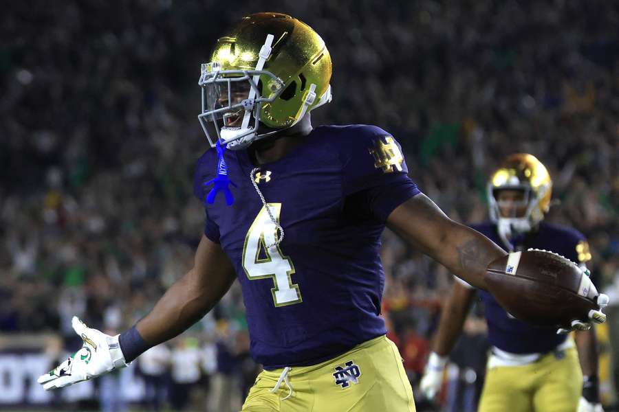 Notre Dame's Jeremiyah Love celebrates after a touchdown (2025) Notre Dame's Jeremiyah Love celebrates after a touchdown (2025)