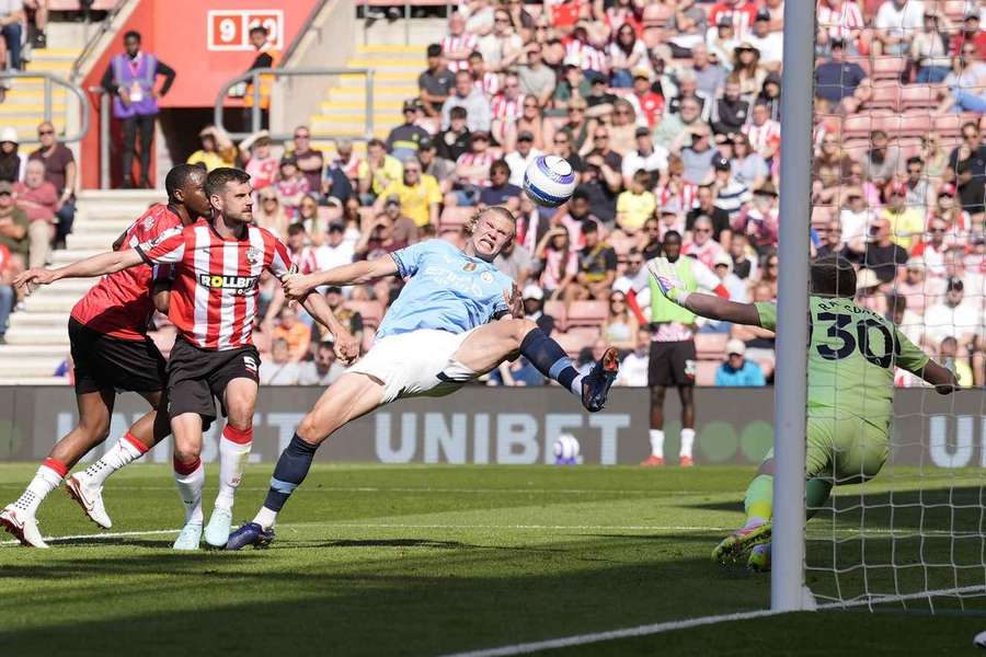 Manchester City's Erling Haaland attempts a shot on goal Manchester City's Erling Haaland attempts a shot on goal