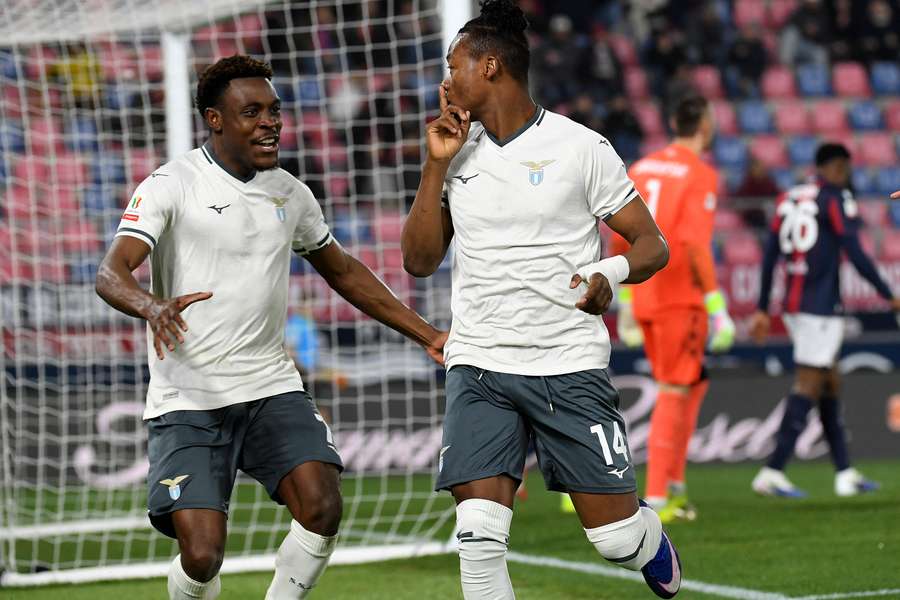 Tijjani Noslin celebrates scoring his team's first goal during the Coppa Italia match between Bologna and Lazio