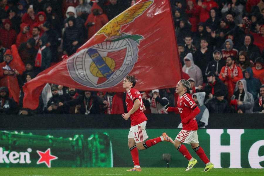Benfica's Andreas Schjelderup celebrates scoring their third goal Benfica's Andreas Schjelderup celebrates scoring their third goal