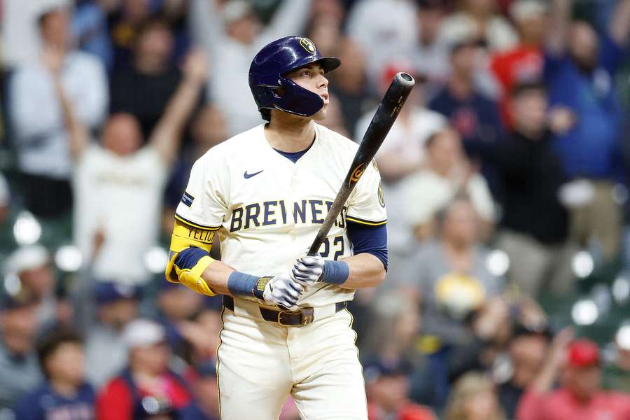 Milwaukee Brewers' Christian Yelich reacts after hitting his first career walk-off home run