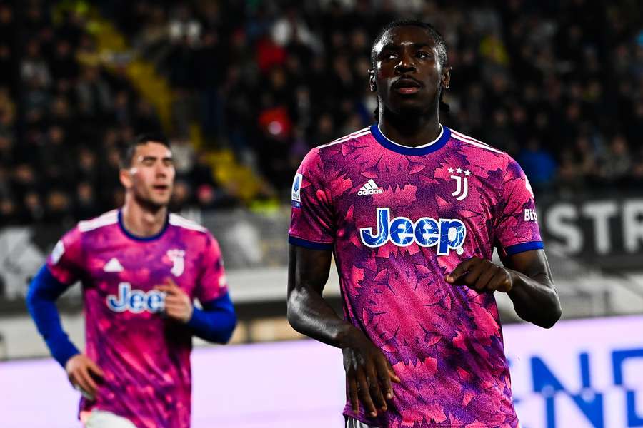 Juventus' Italian forward Moise Kean reacts after opening the scoring during the Italian Serie A football match between Spezia and Juventus