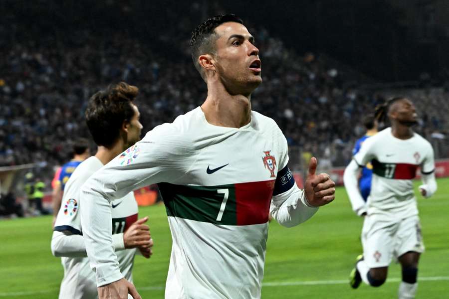 Portugal's forward #07 Cristiano Ronaldo celebrates scoring the team's first goal 