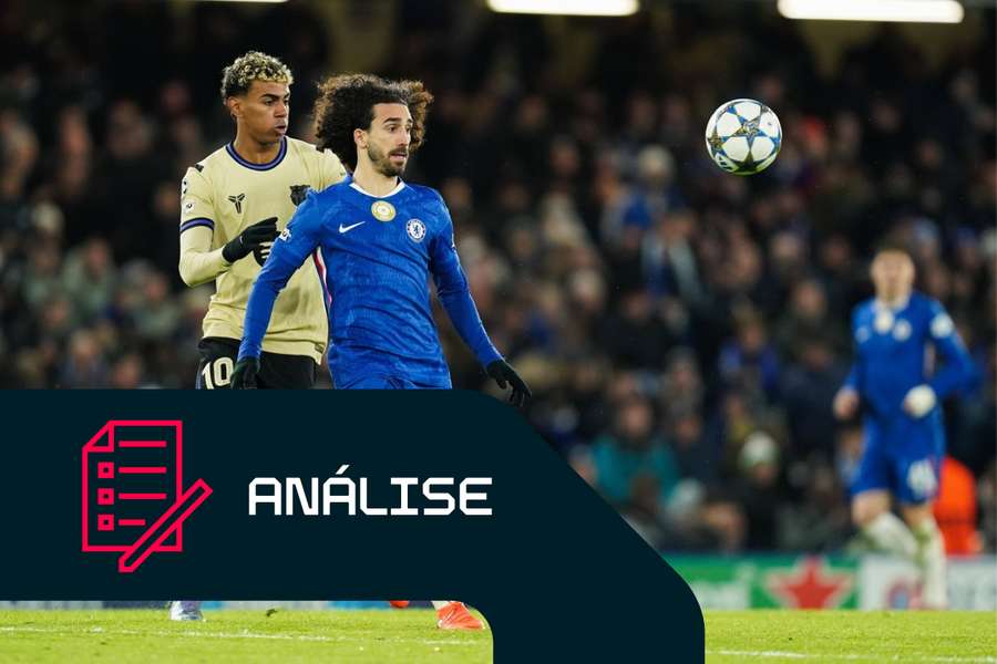 Marc Cucurella, do Chelsea, sob pressão de Lamine Yamal, do Barcelona Marc Cucurella, do Chelsea, sob pressão de Lamine Yamal, do Barcelona