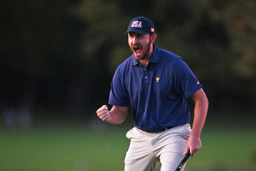 Patrick Cantlay of the United States celebrates a match-winning birdie at the Presidents Cup