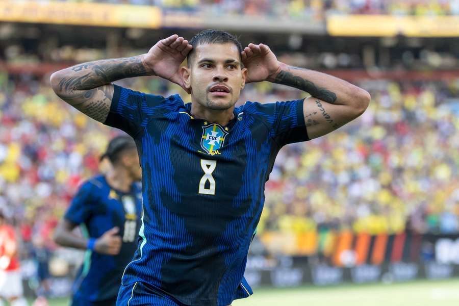 Bruno Guimaraes celebrates after scoring against Egypt in a World Cup warm-up in Cleveland Bruno Guimaraes celebrates after scoring against Egypt in a World Cup warm-up in Cleveland