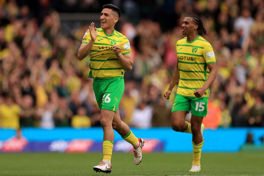 Marcelino Nunez of Norwich City celebrates scoring his team's first goal 