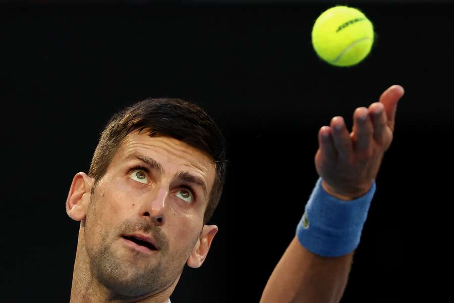 Serbia's Novak Djokovic serves against Tommy Paul of the US during their men's singles semi-final match 