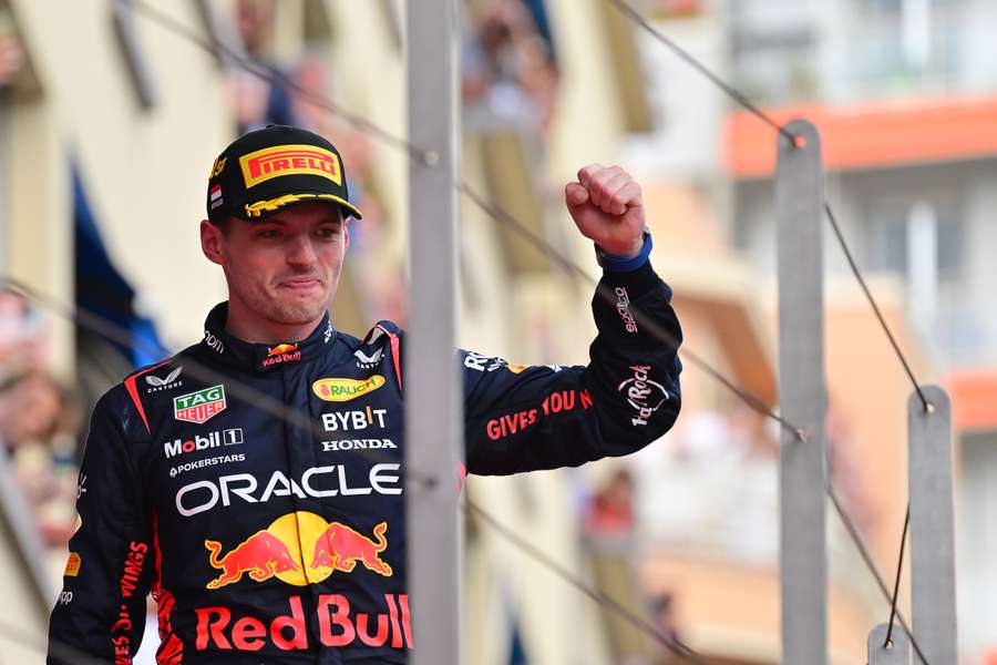 Red Bull Racing driver Max Verstappen celebrates on the podium