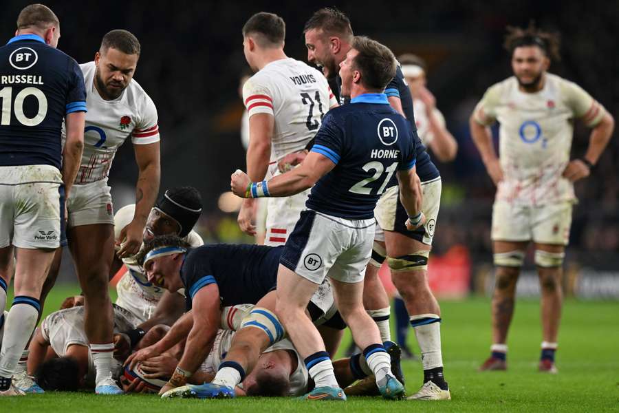 Scotland's George Horne celebrates to the final whistle at the end of the Six Nations international rugby union match between England and Scotland