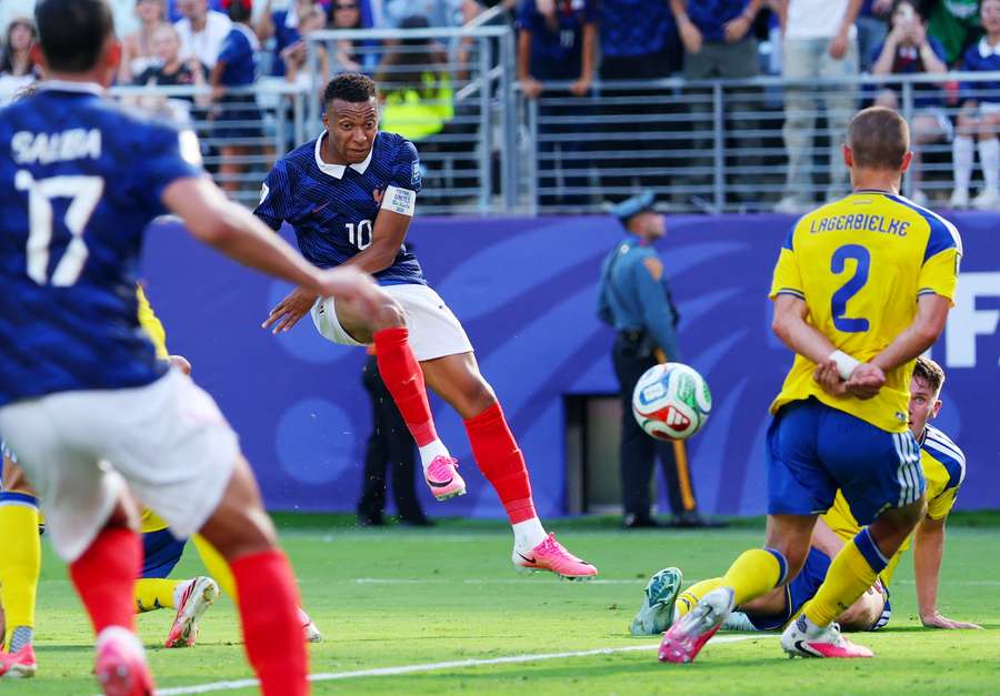 France's Kylian Mbappe scores their first goal France's Kylian Mbappe scores their first goal