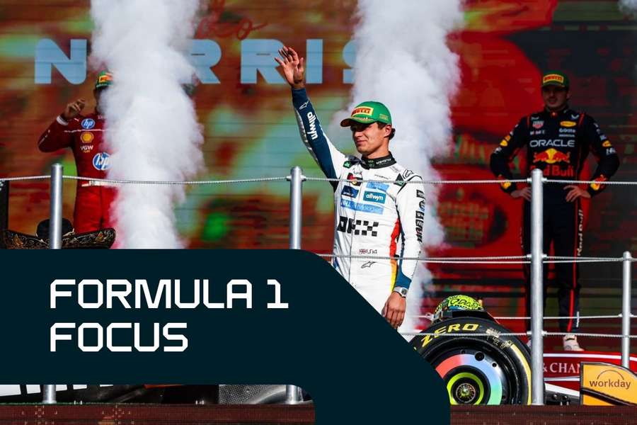 Race-winner Lando Norris celebrates in Mexico