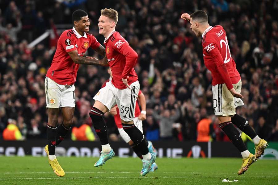 Scott McTominay celebrates after scoring a late goal during the Europa League Group E match between Man Utd and Omonoia Nicosia