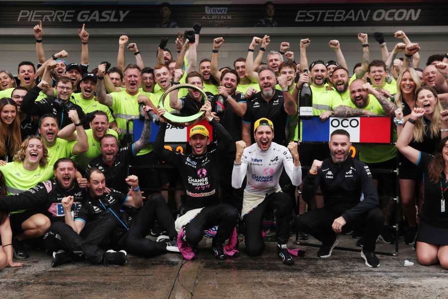 Ocon and Gasly celebrate with their team