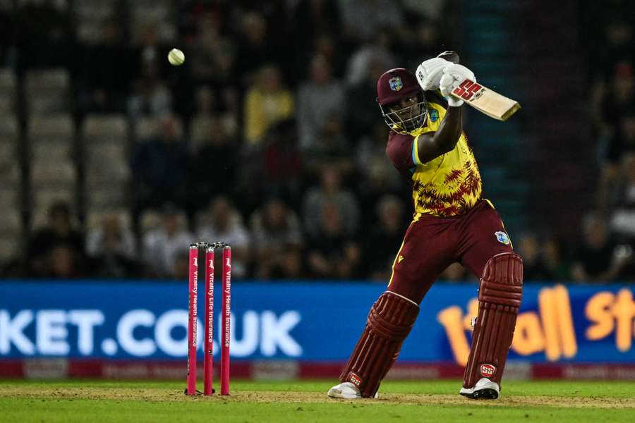Rovman Powell strikes the ball during the West Indies' third T20I against England in Southampton.