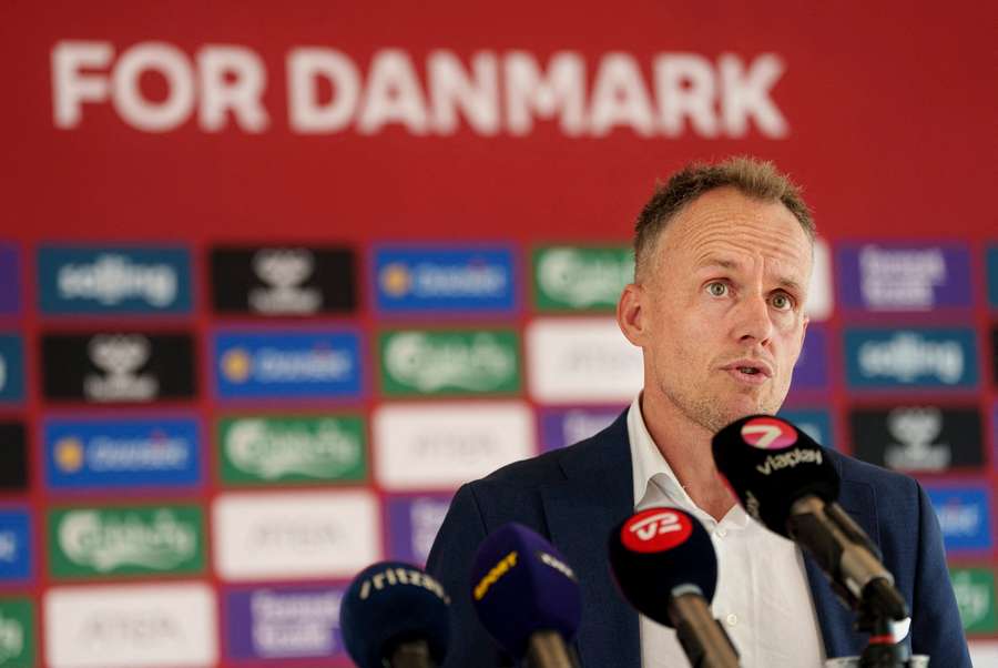 Jakob Michelsen speaks during his presentation as the new head coach of Denmark's women national football team