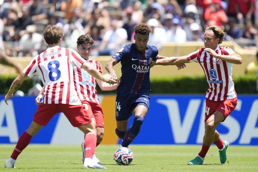 PSG's Desire Doue in action during the FIFA Club World Cup match against Atletico Madrid at Rose Bowl Stadium on June 15, 2025