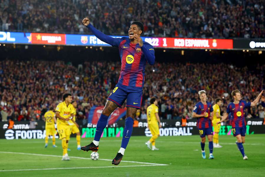 Rashford celebrates scoring for Barcelona