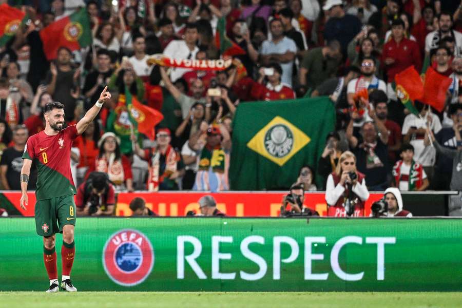 Portugal midfielder Bruno Fernandes celebrates after scoring