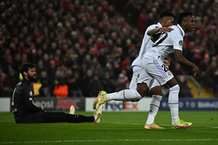 Vinicius Jr netted twice in the first half at Anfield