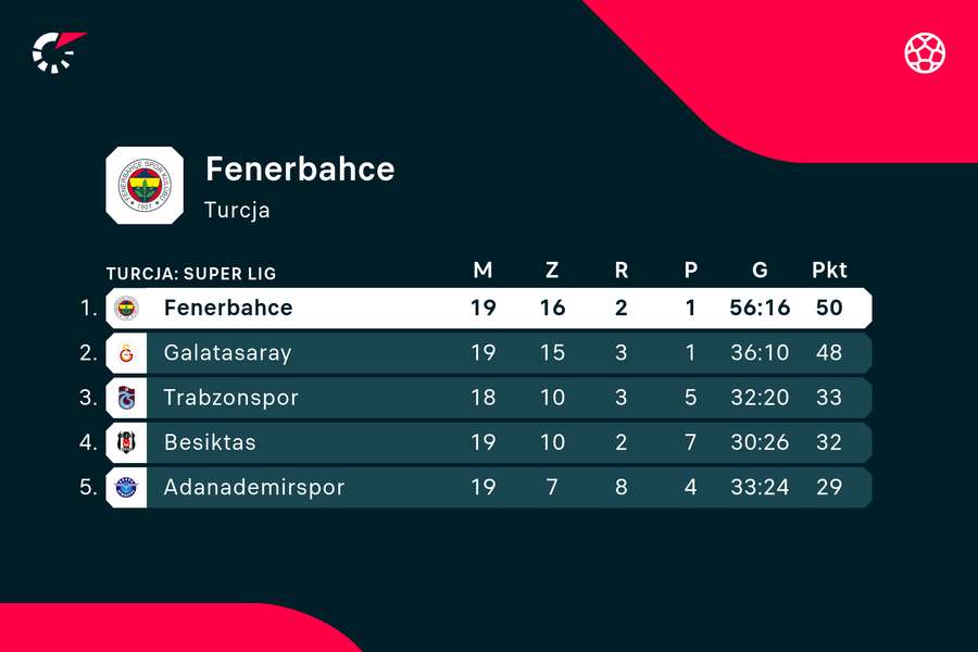 Fenerbahce samodzielnym rywalem tureckiej Super Lig po 19 meczach