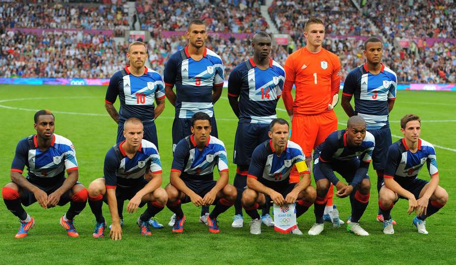 Britain's football team pose for a team picture before the London 2012 Olympic Games men’s football match between Britain and Senegal