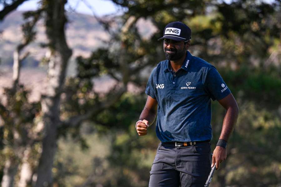 Sahith Theegala of the United States reacts to his putt