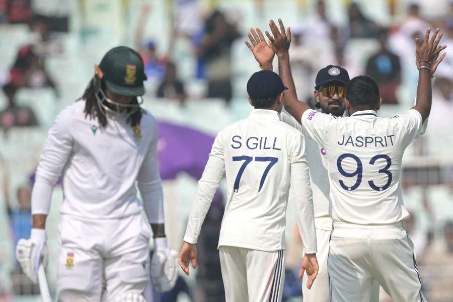 India's Jasprit Bumrah celebrates the wicket of Tony de Zorzi