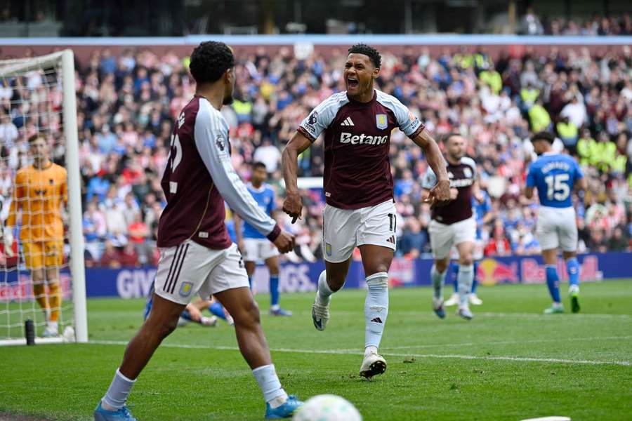 Ollie Watkins, right, celebrates for Aston Villa