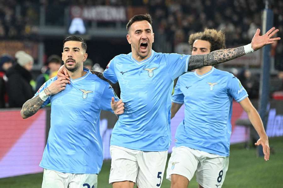 Lazio's Mattia Zaccagni celebrates scoring with Matias Vecino