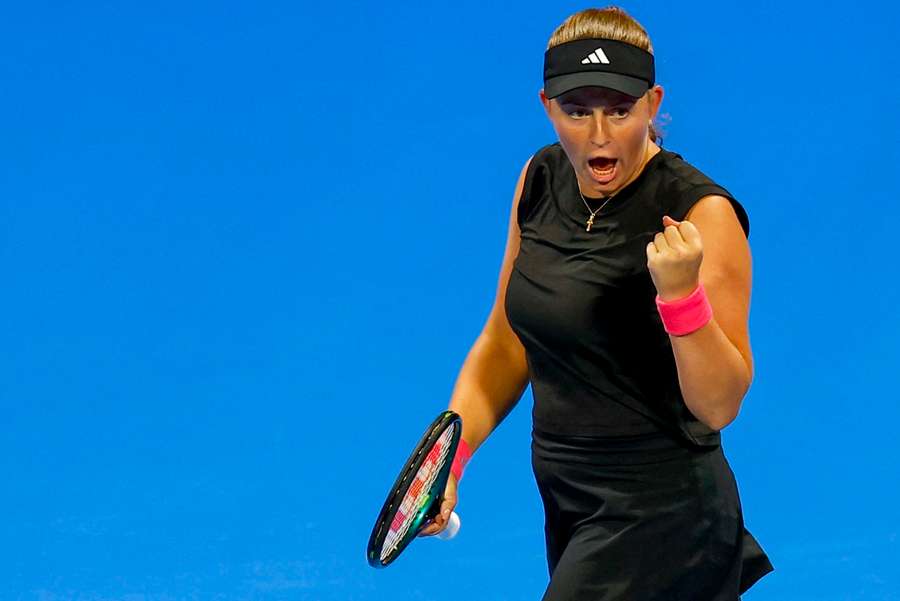 Jelena Ostapenko reacts after a point against Iga Swiatek during their Qatar Open semi-final