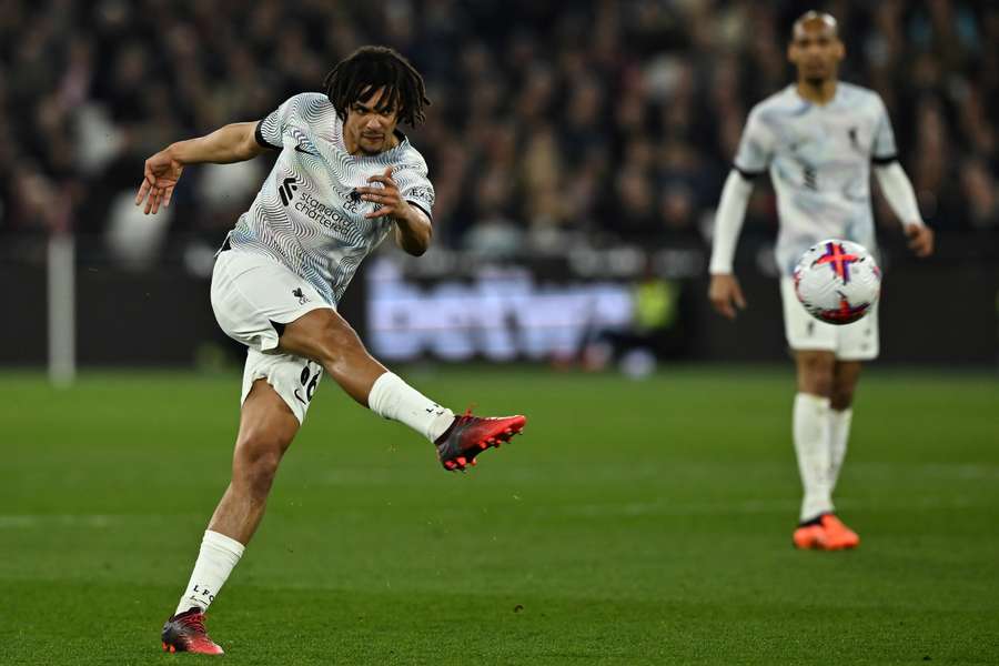 Liverpool defender Trent Alexander-Arnold shoots the ball