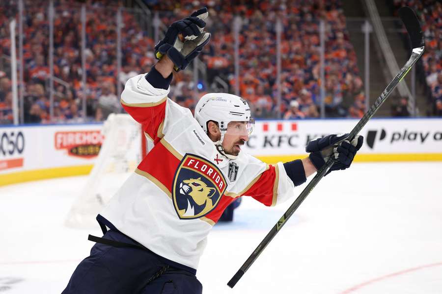 Brad Marchand celebrates his goal in Game 2 of the 2025 Stanley Cup Finals