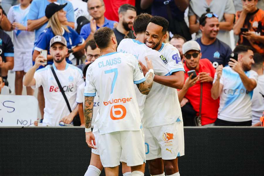 La joie d'Aubameyang après son premier but de la saison en Ligue 1. 