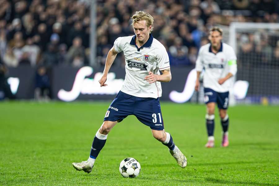 AGF Tobias Bech in action against Broendby IF at Ceres Park Vejlby