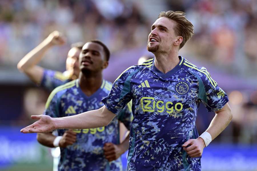 Kenneth Taylor of Ajax celebrates putting Ajax up 1-0 against PEC Zwolle