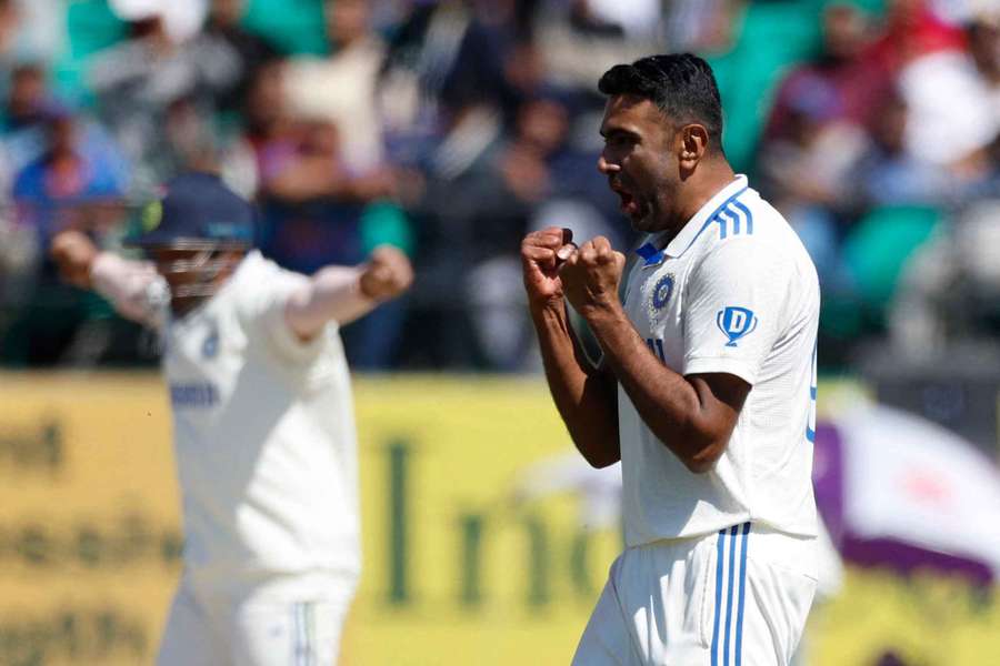 Ashwin celebrates his five-wicket-haul after taking the wicket of England's Ben Foakes