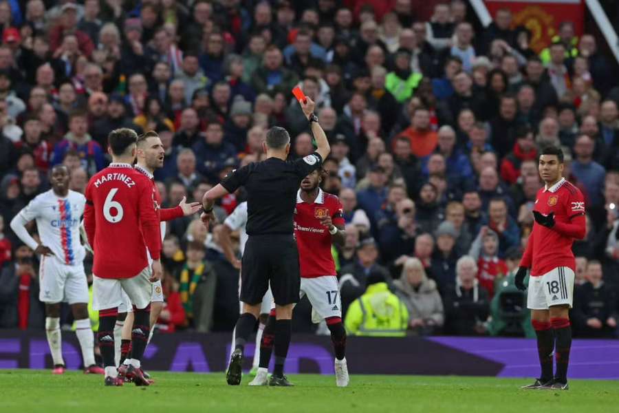 Manchester United midfielder Casemiro (R) was sent off for his part in the clash