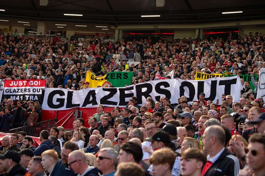 A 'Glazers Out' banner at Man Utd v Everton in April