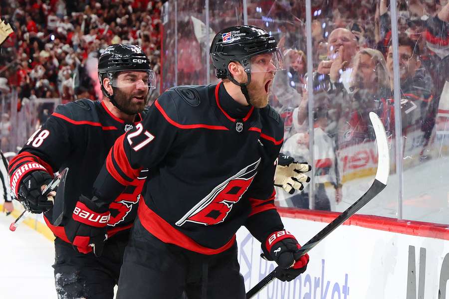 Hurricanes Nikolaj Ehlers (right) celebrates goal in Game 2 against Montreal Canadiens