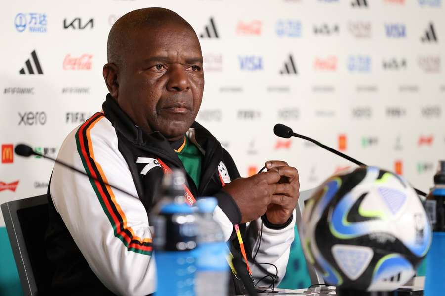 Zambia coach Bruce Mwape speaks to the media