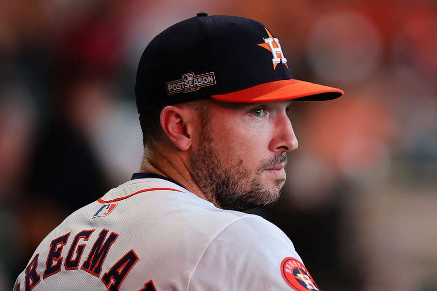 Former Houston Astros third baseman Alex Bregman looking on from the dugout during the AL Wild Card series (October 2024)