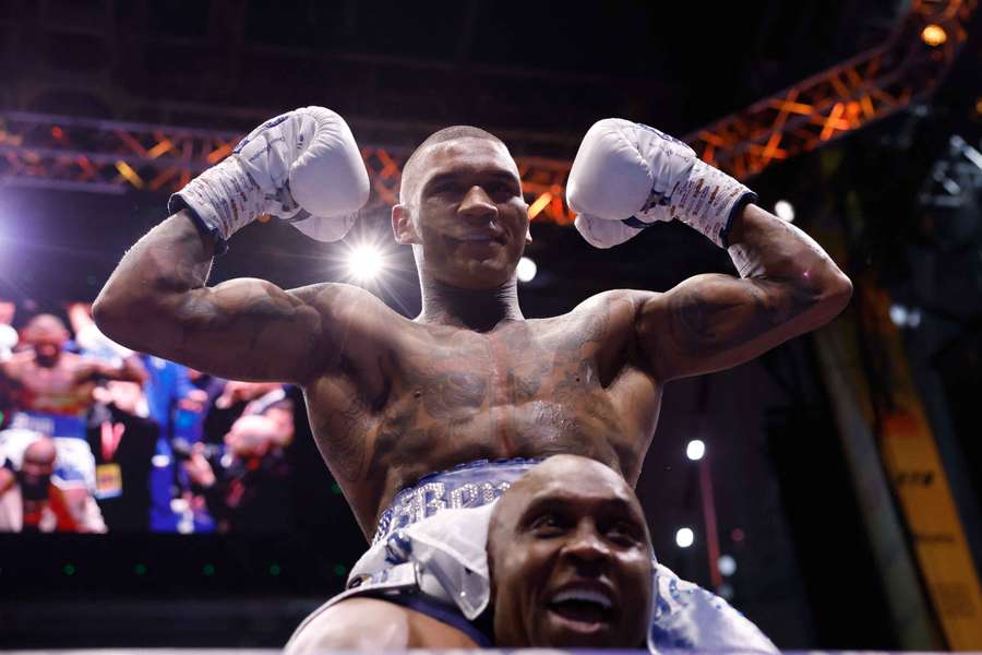 Conor Benn celebrates after winning his middleweight fight against Chris Eubank Jr. in London Conor Benn celebrates after winning his middleweight fight against Chris Eubank Jr. in London