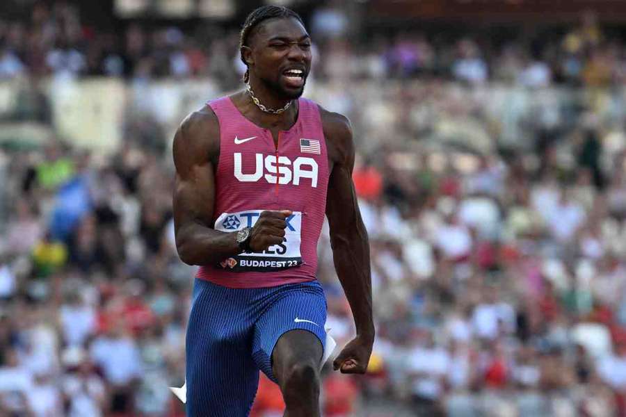 Noah Lyles reacts after winning his 100m semi-final