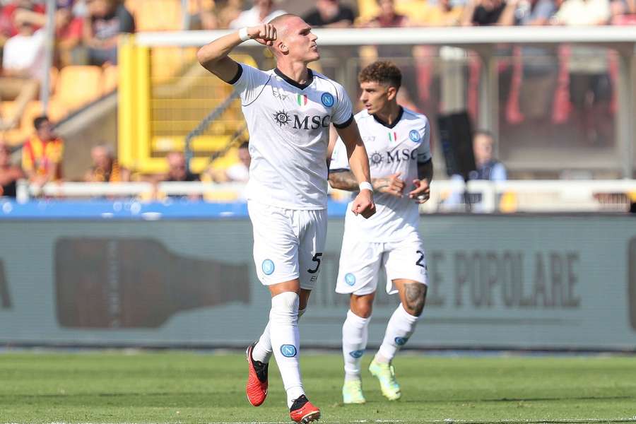 Ostigard celebrates scoring Napoli's opening goal 