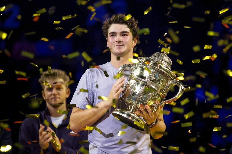 Joao Fonseca with the winner's trophy in Basel Joao Fonseca with the winner's trophy in Basel