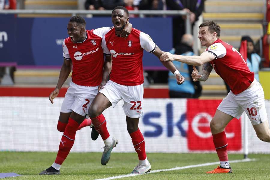 Rotherham United's Hakeem Odoffin (C) celebrates after scoring