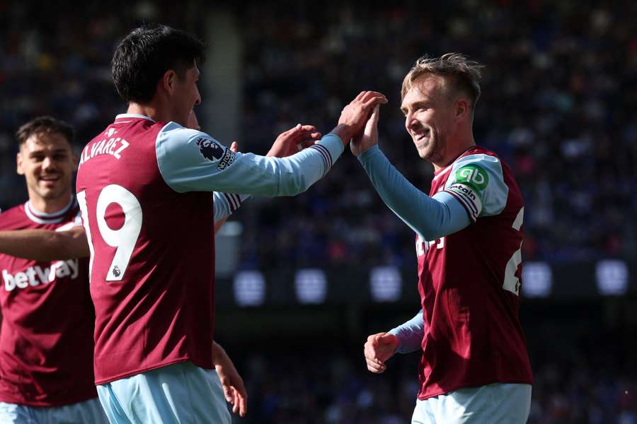 Jarrod Bowen celebrates after scoring West Ham's second goal against Ipswich
