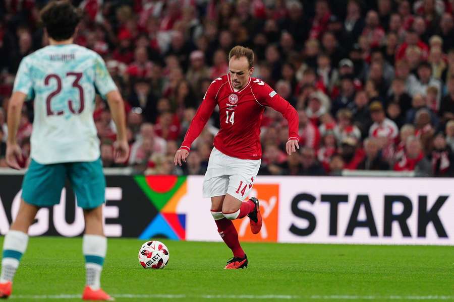 Mikkel Damsgaard attempts a shot against Portugal Mikkel Damsgaard attempts a shot against Portugal